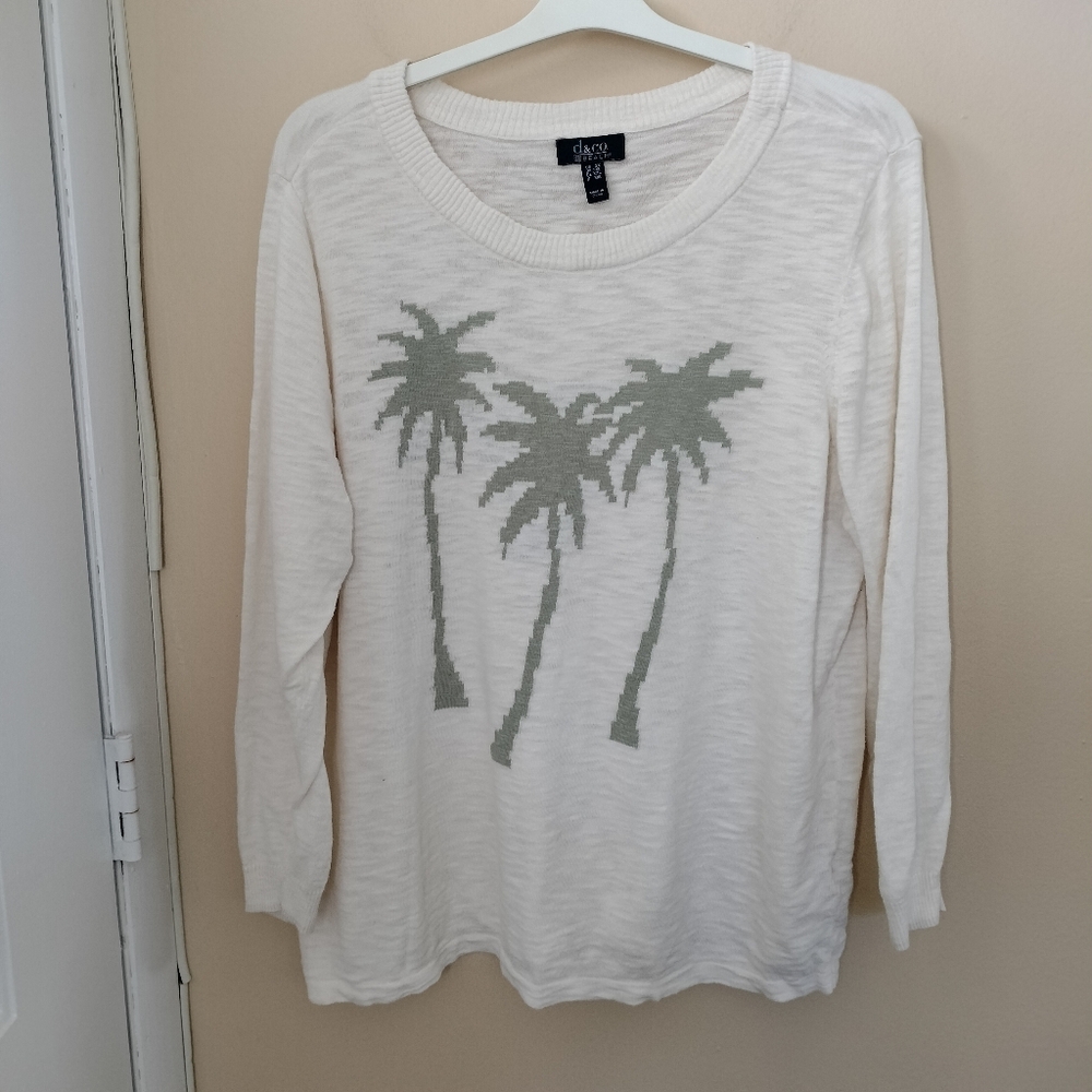 Denim & Co Beach Cream Palm Trees Lightweight Cotton Blend Sweater 2X Vacation
